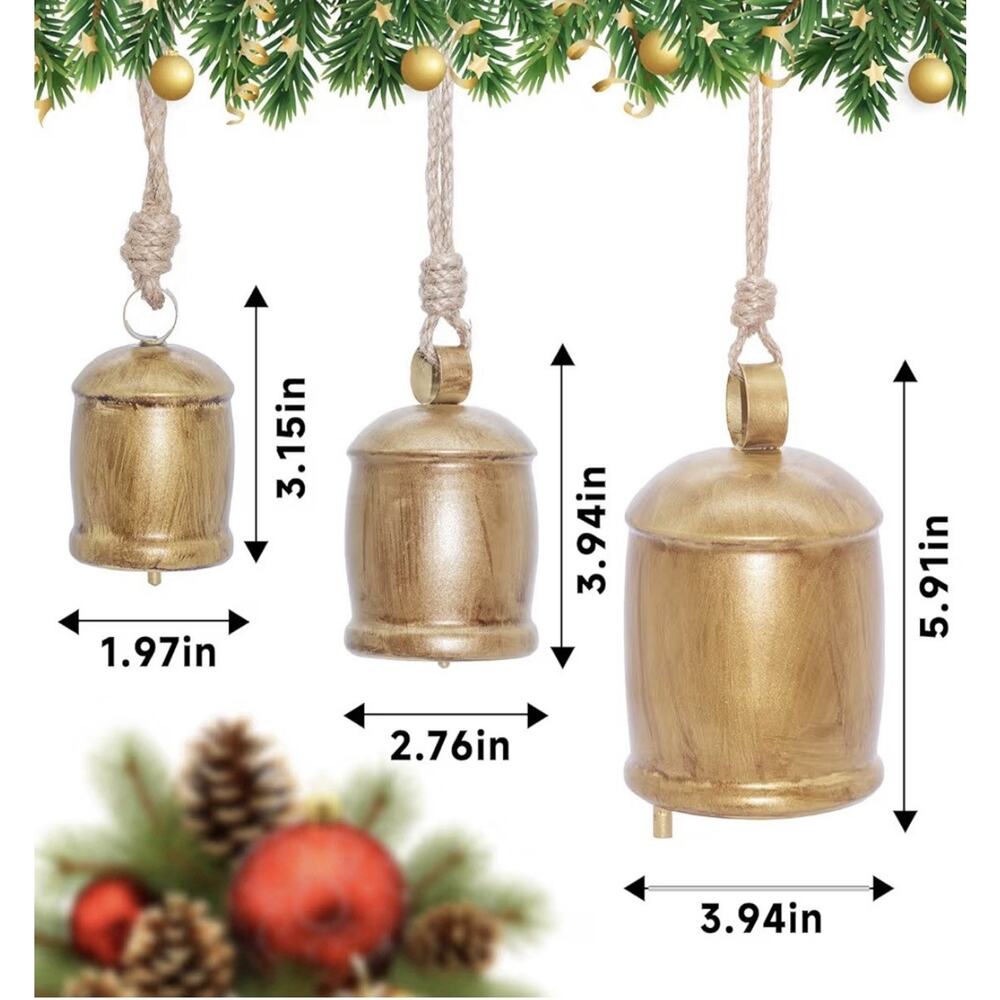 Rustic Metal Christmas Bells Set of 3 Farmhouse Hanging Door Tree Decor - Picture 3 of 8